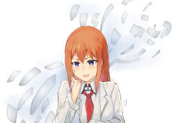 Rule 34 | 1girl, bad id, bad pixiv id, blue eyes, brown hair, hair between eyes, hand on own cheek, hand on own face, lab coat, long hair, makise kurisu, necktie, open mouth, red necktie, shirt, solo, steins;gate, upper body, white background, white shirt, wujia xiaozi