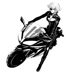 Rule 34 | 1girl, bad id, bad twitter id, biker clothes, bikesuit, bodysuit, boots, breasts, character request, cleavage, expressionless, eyepatch, greyscale, honda, honda cbr, iwamoto eiri, looking up, monochrome, motor vehicle, motorcycle, short hair, solo, vehicle