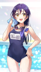 Rule 34 | 1girl, alternate costume, blue hair, blurry, blurry background, blush, breasts, collarbone, dated, goggles, goggles around neck, hair between eyes, hand on own hip, highres, long hair, looking at viewer, love live!, love live! school idol project, one-piece swimsuit, open mouth, pool, school swimsuit, signature, small breasts, solo, sonoda umi, swimsuit, teeth, towel, wedo, wet