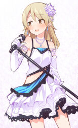 Rule 34 | 1girl, alternate costume, bare shoulders, blush, brown eyes, dress, elbow gloves, gloves, hair between eyes, holding, holding microphone, idol, idolmaster, idolmaster cinderella girls, idolmaster cinderella girls starlight stage, jewelry, layered dress, light brown hair, looking away, looking to the side, microphone, microphone stand, morikubo nono, necklace, parted lips, pendant, revision, sleeveless, sleeveless dress, solo, sweat, uccow, white dress, white gloves
