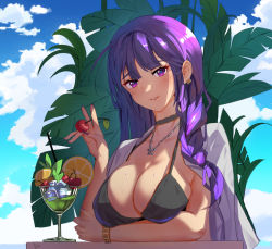 Rule 34 | 1girl, absurdres, bikini, black bikini, blue pupils, blue sky, bracelet, braid, breast hold, breasts, bright pupils, cherry, cleavage, cloud, cloudy sky, cocktail glass, collarbone, commentary, cup, day, drink, drinking glass, earrings, english commentary, fingernails, food, fruit, genshin impact, highres, holding, holding food, ice, ice cube, jacket, jacket on shoulders, jewelry, large breasts, lemon, lemon slice, long hair, looking at viewer, low-braided long hair, low-tied long hair, markofmuse, mixed-language commentary, mole, mole under eye, nail polish, necklace, no hair ornament, outdoors, palm tree, parted lips, purple eyes, purple hair, purple jacket, purple nails, raiden shogun, silver jewelry, sitting, sky, smile, solo, string bikini, swimsuit, table, tree, upper body, water drop