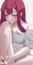 Rule 34 | 1girl, alternate costume, applying pedicure, baobhan sith (fate), barefoot, bruise, bruise on face, fate/grand order, fate (series), grey eyes, injury, nail polish, nikumaki43, painting nails, painting toenails, red hair, red nails, simple background, solo, toenail polish, toenails, white background