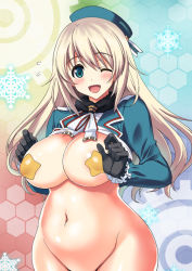 Rule 34 | 10s, 1girl, ;d, atago (kancolle), blonde hair, blue eyes, blue hat, blush, bottomless, breasts, flying sweatdrops, gloves, groin, hat, huge breasts, kantai collection, kyogoku shin, large breasts, long hair, military, military uniform, one eye closed, open mouth, pasties, personification, plump, smile, solo, sweatdrop, uniform, wink