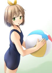 Rule 34 | 1girl, :o, ass, ball, bare arms, bare shoulders, beachball, blue one-piece swimsuit, breasts, brown hair, collarbone, commentary request, green eyes, hair ribbon, hands up, highres, holding, holding ball, looking at viewer, old school swimsuit, one-piece swimsuit, original, parted lips, ribbon, school swimsuit, shibacha, small breasts, solo, standing, swimsuit, white background, yellow ribbon