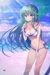 Rule 34 | 1girl, ahoge, bad id, bad twitter id, bare arms, bare shoulders, beach, bikini, blue bikini, blue sky, blush, breasts, cleavage, closed mouth, cloud, collarbone, commentary request, cowboy shot, day, flower, frog hair ornament, front-tie top, green eyes, green hair, groin, hair between eyes, hair ornament, hand up, highres, kochiya sanae, koto seori, large breasts, legs apart, long hair, looking at viewer, navel, ocean, outdoors, palm tree, sand, sky, smile, snake hair ornament, solo, standing, stomach, swimsuit, touhou, tree, untied bikini, very long hair, water