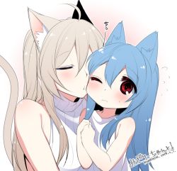 Rule 34 | 2girls, 3:, animal ears, bare shoulders, blonde hair, blue hair, blush, cat ears, cat tail, child, commentary request, dated, embarrassed, closed eyes, flying sweatdrops, hair between eyes, hands up, konshin, looking at viewer, multiple girls, one eye closed, original, red eyes, ribbed sweater, signature, sweatdrop, sweater, sweater vest, tail, yuri