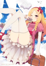 Rule 34 | &gt;;), 10s, 1girl, ;), ass, blonde hair, blush, book, bow, bowtie, breasts, brown eyes, chair, cloud, commentary request, dress, drill hair, eromanga sensei, frilled dress, frilled thighhighs, frills, gradient hair, hair bow, hairband, highres, holding, holding book, layered sleeves, legs up, lolita fashion, long hair, long sleeves, mary janes, multicolored hair, mush (mushlicious), novel (object), one eye closed, open book, panties, pantyshot, parted bangs, petticoat, pink dress, pixiv id, red bow, red bowtie, red footwear, red hairband, shoes, short over long sleeves, short sleeves, sleeves past wrists, smile, solo, striped clothes, striped panties, thighhighs, twin drills, underwear, v-shaped eyebrows, wavy hair, white thighhighs, yamada elf