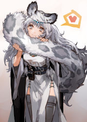 Rule 34 | 1girl, animal ears, animal print, arknights, braid, commentary request, cowboy shot, dated, gradient background, grey background, grey eyes, grey hair, grey thighhighs, head chain, head tilt, heart, highres, holding own tail, jewelry, leopard ears, leopard print, leopard tail, light smile, looking at viewer, pelvic curtain, pramanix (arknights), solo, spoken heart, standing, tail, thighhighs, toujou bun, twin braids