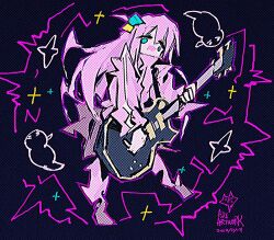 Rule 34 | 1girl, absurdres, blue eyes, bocchi the rock!, cube hair ornament, electric guitar, full body, gibson les paul, gotoh hitori, gotoh hitori (tsuchinoko), grey skirt, guitar, hair between eyes, hair ornament, highres, instrument, jacket, long hair, music, one side up, pants, pink hair, pink jacket, pink pants, playing instrument, skirt, solo, somegungun, sparkle, standing, track jacket, tsuchinoko
