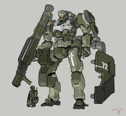 Rule 34 | 1boy, dated, grey background, gun, helmet, highres, holding, holding gun, holding weapon, kneeling, mecha, military, moi moi7, on one knee, open hand, original, robot, science fiction, shield, size difference, visor, weapon