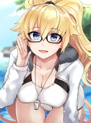Rule 34 | 1girl, absurdres, beach, black-framed eyewear, blush, breasts, cleavage, collarbone, day, fate/grand order, fate (series), glasses, hair between eyes, highres, hip focus, hood, hooded jacket, jacket, jeanne d&#039;arc (fate), jeanne d&#039;arc (ruler) (fate), jeanne d&#039;arc (swimsuit archer) (fate), jeanne d&#039;arc (swimsuit archer) (second ascension) (fate), large breasts, leaning forward, long hair, looking at viewer, one-piece swimsuit, open clothes, open jacket, open mouth, outdoors, ponytail, sky, smile, solo, swimsuit, thighs, very long hair, whistle, white jacket, white one-piece swimsuit, yorei (death0813)