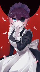 Rule 34 | 1girl, absurdres, alternate costume, apron, black dress, black flower, black nails, black rose, blue eyes, cowboy shot, dress, enmaided, eyepatch, facial mark, feathers, finger to mouth, flower, flower eyepatch, hair ornament, hairclip, head wings, highres, hololive, identity (vocaloid), index finger raised, juliet sleeves, long sleeves, looking at viewer, maid, maid apron, maid headdress, nail polish, nanoha wani, pink hair, puffy sleeves, red background, rose, short hair, shushing, solo, star (symbol), star hair ornament, takane lui, virtual youtuber, vocaloid, white apron, wings