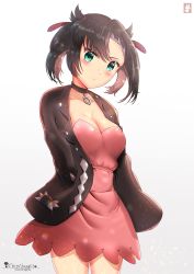 Rule 34 | 1girl, aqua eyes, artist name, asymmetrical bangs, asymmetrical hair, black choker, black hair, black jacket, blush, breasts, chinchongcha, choker, cleavage, collarbone, commentary, cowboy shot, creatures (company), dress, game freak, gradient background, grey background, hair ribbon, hand in pocket, head tilt, highres, jacket, light particles, marnie (pokemon), medium breasts, nintendo, open clothes, open jacket, pink dress, pointy hair, pokemon, pokemon swsh, red ribbon, ribbon, short dress, silver trim, solo, standing, strapless, strapless dress, twintails, undercut, white background