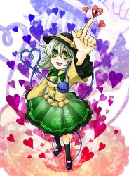 Rule 34 | 1girl, black socks, female focus, full body, green eyes, green hair, hat, heart, highres, komeiji koishi, matching hair/eyes, mise yuzuki, open mouth, outstretched arm, perspective, pointing, pointing up, smile, socks, solo, standing, touhou, zoom layer
