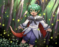 Rule 34 | 1girl, 1jumangoku, :d, androgynous, antennae, black cape, bug, bush, cape, collared shirt, commentary, feet out of frame, fireflies, firefly, flat chest, forest, frilled shorts, frills, green hair, grey shorts, hair between eyes, insect, light rays, long sleeves, medium bangs, nature, open mouth, red cape, shirt, short hair, shorts, smile, solo, sunbeam, sunlight, symbol-only commentary, touhou, two-sided cape, two-sided fabric, white shirt, wriggle day, wriggle nightbug