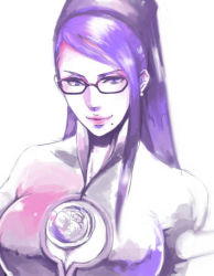 Rule 34 | 1girl, bayonetta, bayonetta, bayonetta (series), bodysuit, breasts, cleavage, cleavage cutout, clothing cutout, female focus, glasses, h-i-n, large breasts, long hair, mole, partially colored, purple eyes, purple hair, solo, white background