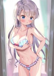 Rule 34 | 1girl, bare shoulders, blue bra, blue eyes, blue panties, blush, bra, braid, braided bangs, breast hold, breasts, check commentary, cleavage, collarbone, commentary request, cowboy shot, earrings, gluteal fold, grey hair, groin, hair between eyes, hand on own hip, highres, hisakawa hayate, idolmaster, idolmaster cinderella girls, jewelry, large breasts, long hair, looking down, midriff, mirror, mirror image, navel, panties, parted lips, sidelocks, solo, standing, thigh gap, tudon (donut), underwear, underwear only