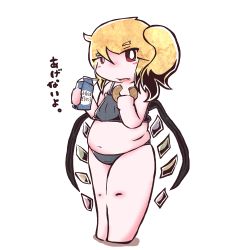 Rule 34 | 1girl, annoyed, blonde hair, blush, blush stickers, bra, chibi, doughnut, eating, fang, fat, fat rolls, flandre scarlet, flat chest, food, full body, looking at viewer, messy hair, milk carton, okami (kami soubi), panties, red eyes, side ponytail, solo, thick thighs, thighs, touhou, underwear, underwear only, wings