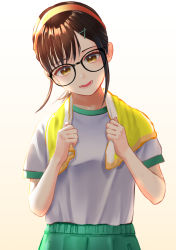 Rule 34 | 1girl, :d, bad id, bad pixiv id, black-framed eyewear, brown eyes, glasses, green shorts, gym uniform, hair ornament, hairclip, hami (hami-gerden), hands up, highres, open mouth, original, shirt, shorts, simple background, smile, towel, white background, white shirt