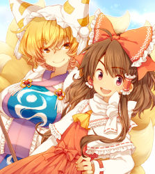 Rule 34 | 2girls, animal ears, ascot, blonde hair, blush, bow, breasts, brown hair, capelet, detached sleeves, dress, embellished costume, female focus, fox ears, fox tail, hair bow, hair ribbon, hair tubes, hakurei reimu, hand on own hip, hands in opposite sleeves, hat, hat with ears, japanese clothes, kiri futoshi, long hair, long sleeves, looking at viewer, miko, multiple girls, multiple tails, open mouth, purple eyes, red eyes, ribbon, scarf, short hair, skirt, smile, tabard, tail, touhou, wide sleeves, yakumo ran, yellow eyes