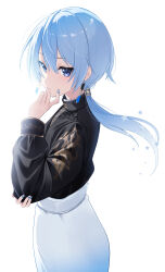 Rule 34 | 1girl, absurdres, black shirt, blue eyes, blue hair, closed mouth, commentary request, hanafuda earrings, highres, hololive, hoshimachi suisei, hoshimachi suisei (oriental suit), light blue hair, long hair, long sleeves, looking at viewer, low ponytail, nisi ki no, official alternate costume, official alternate hairstyle, puffy long sleeves, puffy sleeves, shirt, simple background, skirt, solo, star (symbol), star in eye, symbol in eye, turtleneck, turtleneck shirt, upper body, virtual youtuber, white background, white skirt