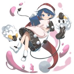 Rule 34 | 1girl, animal, blob, blue eyes, blue hair, boots, closed mouth, doremy sweet, dream soul, dress, hat, highres, keiki8296, multicolored clothes, multicolored dress, nightcap, pom pom (clothes), red hat, sheep, short hair, short sleeves, simple background, smile, solo, tail, tapir tail, touhou, white background, white footwear