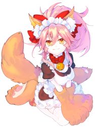 Rule 34 | 1girl, absurdres, alternate costume, animal ear fluff, animal ears, animal hands, apron, bell, breasts, cat paws, collar, commentary, commentary request, enmaided, fate/grand order, fate (series), fox ears, fox girl, fox tail, gloves, hair ribbon, highres, hikari50503, jingle bell, large breasts, long hair, looking at viewer, maid, maid apron, maid headdress, neck bell, paw gloves, paw shoes, pink hair, ponytail, red ribbon, ribbon, shoes, simple background, sitting, solo, tail, tamamo (fate), tamamo cat (fate), tamamo cat (second ascension) (fate), waist apron, wariza, white background, white legwear, yellow eyes