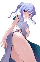 Rule 34 | 1girl, absurdres, alternate costume, ass, black panties, blue eyes, blue hair, blush, breasts, china dress, chinese clothes, commentary, double bun, dress, fawny, from behind, from below, hair bun, highres, hololive, hoshimachi suisei, looking at viewer, looking down, panties, panty peek, short sleeves, simple background, small breasts, solo, star (symbol), star in eye, symbol in eye, thighs, twintails, underwear, v-shaped eyebrows, virtual youtuber, white background