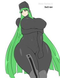 Rule 34 | arm under breasts, black sclera, blush, bodysuit, breasts, colored sclera, frown, green eyes, green hair, grey bodysuit, highres, hime cut, holding own arm, huge breasts, impossible clothes, jadf, long bangs, long hair, looking at viewer, microsoft, non-web source, original, personification, shiny clothes, thick thighs, thighs, very long hair, wide hips, xbox series x (personification)