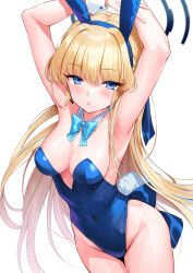 Rule 34 | 1girl, animal ears, armpits, arms up, bare arms, bare shoulders, blonde hair, blue archive, blue eyes, blue hairband, blue leotard, bow, bowtie, breasts, cleavage, covered navel, cowboy shot, detached collar, fake animal ears, fake tail, groin, hairband, halo, highleg, highleg leotard, highres, leotard, long hair, looking at viewer, medium breasts, multicolored hair, official alternate costume, parted lips, playboy bunny, rabbit ears, rabbit tail, silveroid, solo, standing, strapless, strapless leotard, streaked hair, tail, thighs, toki (blue archive), toki (bunny) (blue archive), very long hair, wrist cuffs