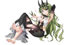 Rule 34 | 1girl, arm behind back, armpits, barefoot, black dress, black gloves, breasts, claw ring, cleavage, cleavage cutout, closed mouth, clothing cutout, crown, dress, earrings, full body, gloves, green eyes, green hair, highres, honkai (series), honkai impact 3rd, invisible chair, jewelry, large breasts, long hair, looking at viewer, mobius (honkai impact), simple background, single earring, single glove, sitting, soles, solo, toes, tsukimi no 72, wavy hair, white background