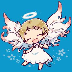 Rule 34 | 1girl, :d, ^ ^, angel, bare arms, barefoot, blonde hair, blue background, chibi, closed eyes, dress, facing viewer, flower (symbol), full body, halo, lowres, neck ribbon, open mouth, original, rakuni, ribbon, short hair, smile, solo, standing, tentacle wings, white dress, white ribbon, white wings, wings