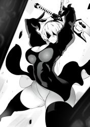 Rule 34 | 1girl, arms up, bad id, bad twitter id, black thighhighs, blindfold, breasts, cleavage, frown, greyscale, hairband, leotard, medium breasts, monochrome, nier (series), nier:automata, nuezou, short hair, skindentation, solo, sword, thick thighs, thighhighs, thighs, weapon, 2b (nier:automata)