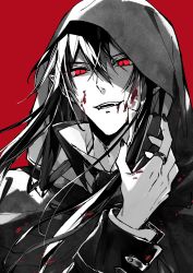 Rule 34 | 1boy, blood, blood on face, cloak, commentary request, copyright request, fangs, greyscale with colored background, hair between eyes, highres, hood, hood up, hooded cloak, long hair, looking at viewer, male focus, mochizuki shiina, monochrome, parted lips, red background, red eyes, simple background, smile, solo, upper body