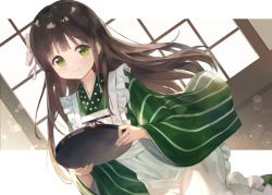 Rule 34 | 1girl, ama usa an uniform, apron, backlighting, blunt bangs, blurry, bokeh, border, brown hair, closed mouth, commentary request, depth of field, dot nose, dutch angle, floating hair, frilled apron, frills, from side, gochuumon wa usagi desu ka?, green eyes, green kimono, hair ornament, hair ribbon, hands up, holding, holding tray, indoors, japanese clothes, kimono, kobuta, light, light particles, light smile, long hair, long sleeves, looking at viewer, maid, outside border, polka dot, polka dot trim, ribbon, shouji, sliding doors, solo, striped clothes, striped kimono, tareme, tray, ujimatsu chiya, vertical-striped clothes, vertical-striped kimono, very long hair, wa maid, walking, white apron, white border, white ribbon, wide sleeves