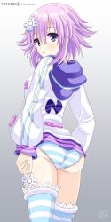 Rule 34 | 1girl, ass, ass focus, blush, cowboy shot, d-pad, d-pad hair ornament, from behind, hair ornament, hairclip, helvetica std, highres, hood, hooded jacket, jacket, looking at viewer, looking back, medium hair, neptune (neptunia), neptune (series), open mouth, panties, pantyshot, purple eyes, purple hair, simple background, solo, standing, striped clothes, striped panties, striped thighhighs, thighhighs, thighs, underwear, unworn hair ornament, unworn hairclip, usb