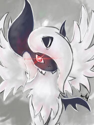 Rule 34 | absol, creatures (company), feathered wings, game freak, gen 3 pokemon, horns, long hair, looking at viewer, mega absol, mega pokemon, nintendo, pokemon, pokemon (creature), purpleninfy, red eyes, signature, solo, standing, white hair, wings