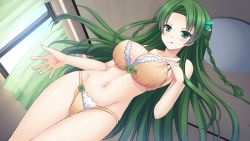 Rule 34 | 1girl, alto seneka, artist request, blush, bra, braid, breasts, ceiling, censored, cleavage, clover, collarbone, cowboy shot, curtains, day, dutch angle, female focus, floating hair, four-leaf clover, from below, game cg, green eyes, green hair, groin, hair ornament, hand on own chest, hip focus, indoors, lace, lace-trimmed bra, lace-trimmed panties, lace trim, large breasts, long hair, looking at viewer, lowleg, lowleg panties, matching hair/eyes, mosaic censoring, navel, orange bra, orange panties, panties, parted lips, sakura synchronicity, side braid, solo, thigh gap, transparent, twin braids, underwear, underwear only, uzuki saki, very long hair, window