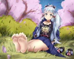 Rule 34 | 1girl, absurdres, ayaka (genshin impact), barefoot, blue eyes, blue hair, blush, ethan(33327245), feet, female focus, foot focus, full body, genshin impact, grass, highres, long hair, nature, outdoors, sitting, smile, soles, solo, toes, tree