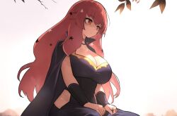 Rule 34 | 1girl, ahonoko, black cape, blush, bodysuit, breasts, cape, choker, cleavage, clothing cutout, facial mark, fire emblem, fire emblem engage, hair ornament, highres, large breasts, long hair, nintendo, red eyes, red hair, side cutout, solo, star (symbol), star facial mark, star hair ornament, yunaka (fire emblem)