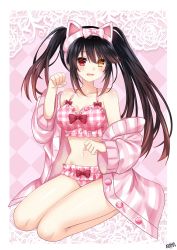 Rule 34 | 1girl, absurdres, animal ears, bare legs, black hair, bow, bra, breasts, cat ears, cat girl, cleavage, clock eyes, commentary, date a live, english commentary, fake animal ears, heterochromia, highres, kneeling, lewdkuma, long hair, looking at viewer, medium breasts, navel, open mouth, panties, paw pose, pink bow, pink bra, pink headwear, pink panties, red bow, red eyes, smile, solo, stomach, symbol-shaped pupils, tokisaki kurumi, twintails, underwear, uneven twintails, yellow eyes
