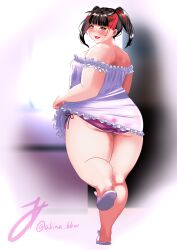 Rule 34 | 1girl, absurdres, akina bbw, artist name, ass, bare shoulders, black hair, blunt bangs, blurry, blurry background, blush, breasts, character request, commission, copyright request, eyeshadow, frills, from behind, full body, highres, large breasts, lifted by self, long hair, looking at viewer, looking back, makeup, panties, parted lips, pink eyes, pixiv commission, plump, purple panties, red hair, red lips, side-tie panties, sidelocks, slippers, smile, solo, standing, standing on one leg, thick arms, thick thighs, thighs, tsurime, twintails, twitter username, underwear, wide hips, yellow eyeshadow