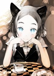 Rule 34 | 1girl, animal ears, blue eyes, blush, bow, bowtie, cat ears, cookie, cup, elbow rest, food, grey hair, head rest, highres, looking at viewer, original, plate, pov, pov across table, saucer, short hair, smile, solo, table, yunar