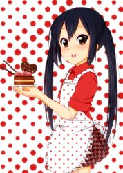 Rule 34 | 1girl, :o, apron, bad id, bad pixiv id, black hair, blush, brown eyes, cake, candy, chocolate, chocolate heart, cowboy shot, food, frilled apron, frills, from side, fruit, heart, hiro9779, k-on!, long hair, nakano azusa, plaid, plaid skirt, pleated skirt, pocky, polka dot, polka dot apron, polka dot background, red shirt, round teeth, shirt, short sleeves, skirt, solo, strawberry, teeth, twintails