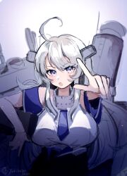 Rule 34 | 1girl, adapted turret, ahoge, blue necktie, blush, breasts, cannon, grey eyes, grey hair, hair between eyes, headgear, highres, kantai collection, large breasts, long hair, looking at viewer, machinery, necktie, rigging, shirt, signature, sleeveless, sleeveless shirt, smokestack, solo, turret, twitter username, upper body, washington (kancolle), white shirt, yukikaze2828