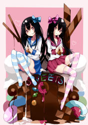 Rule 34 | 2girls, black hair, blush, bow, candy, checkerboard cookie, chocolate, cookie, doughnut, food, food on face, fruit, hair bow, hansel and gretel, holding, holding food, long hair, long sleeves, macaron, multiple girls, neckerchief, neku (sky hologram), original, parted lips, pocky, purple eyes, school uniform, serafuku, siblings, sisters, sitting, strawberry, striped clothes, striped thighhighs, thighhighs, very long hair, wafer stick, wrapped candy