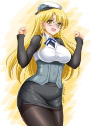 Rule 34 | 1girl, akimoto dai, black pantyhose, black skirt, black sweater, blonde hair, breasts, commentary request, corset, cowboy shot, glasses, hat, highres, kantai collection, large breasts, long hair, looking at viewer, military, military uniform, miniskirt, northampton (kancolle), pantyhose, peaked cap, pencil skirt, skirt, solo, sweater, uniform, white hat, yellow eyes