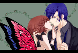 Rule 34 | 1boy, 1girl, asymmetrical wings, blue eyes, blue hair, brown eyes, brown hair, butterfly wings, couple, hetero, holding hands, insect wings, kaito (vocaloid), lipstick, magnet (vocaloid), makeup, meiko (vocaloid), nail polish, pink nails, purple nails, short hair, tonyo (milky crown), totono, vocaloid, wings