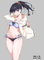 Rule 34 | 10s, 1girl, alternate hairstyle, artist name, bikini, black hair, blue eyes, blush, breasts, cleavage, collarbone, commentary request, dated, grey background, gridman universe, hair ornament, hair scrunchie, hood, hood down, hoodie, long hair, long sleeves, looking at viewer, medium breasts, navel, open clothes, open hoodie, open mouth, orange scrunchie, ponytail, scrunchie, side-tie bikini bottom, simple background, smile, solo, ssss.gridman, standing, stomach, striped bikini, striped clothes, swimsuit, tabata hisayuki, takarada rikka