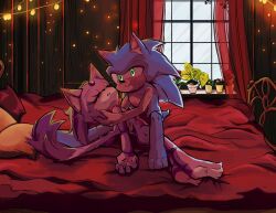 Rule 34 | 1boy, 1girl, afterglow, animal ears, artist name, bed, bedroom, blaze the cat, blue fur, cat ears, cat girl, cat tail, closed eyes, completely nude, furry, furry female, furry male, green eyes, highres, looking at viewer, nude, pillow, plant, potted plant, purple fur, rfts10919, sonic (series), sonic the hedgehog, string of light bulbs, sweat, tail, window